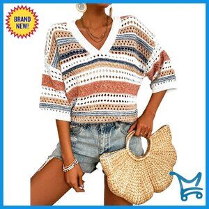 Crochet Knit Sweater Hollow Out Striped Top Oversized Boho Summer Beach